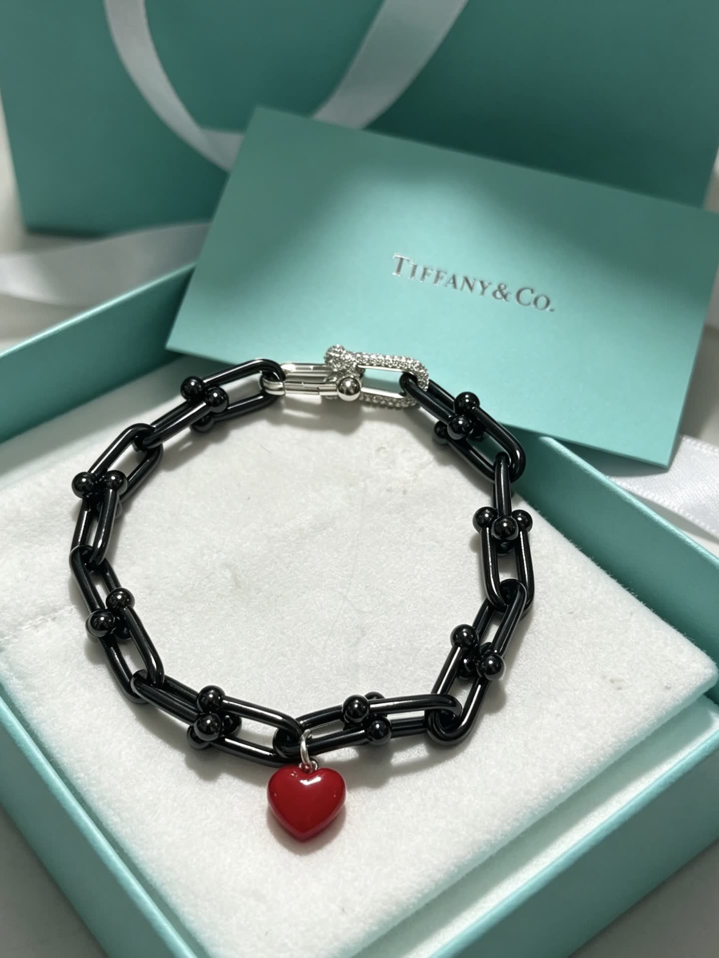 Tiffany & Co. Black Chain Heart Charm Bracelet